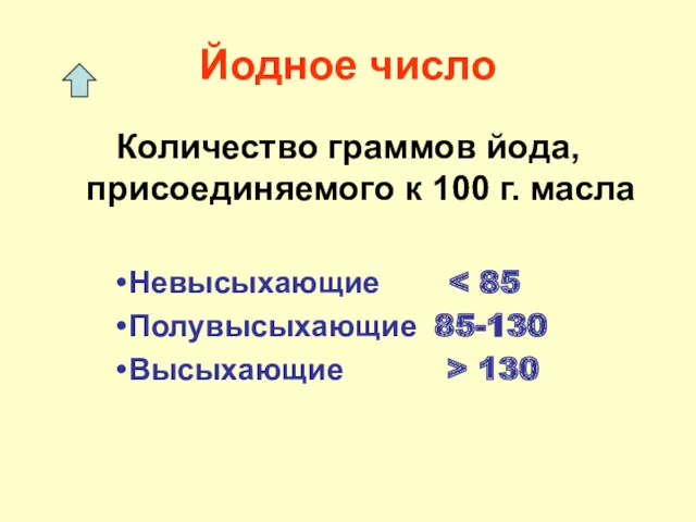 Йодное число Количество граммов йода, присоединяемого к 100 г. масла Невысыхающие Полувысыхающие 85-130 Высыхающие > 130