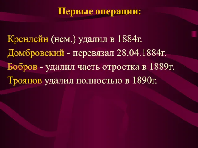 Первые операции: Кренлейн (нем.) удалил в 1884г. Домбровский - перевязал