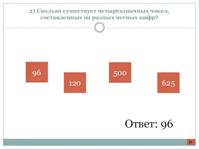 2) Сколько существует четырехзначных чисел, составленных из разных четных цифр? Ответ: 96 96 120 500 625