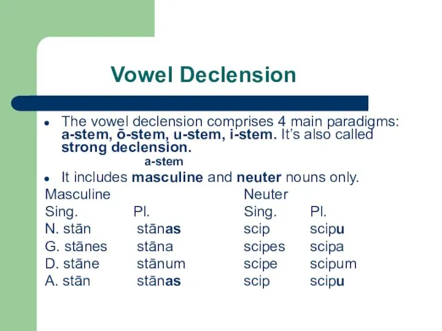 Vowel Declension The vowel declension comprises 4 main paradigms: a-stem,