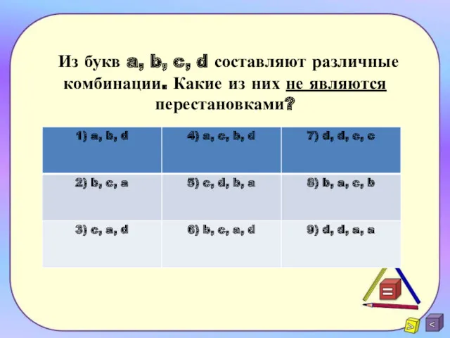 Из букв a, b, c, d составляют различные комбинации. Какие из них не являются перестановками?