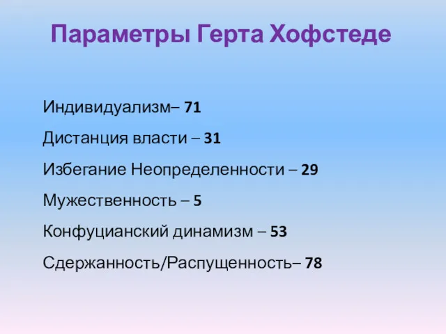 Параметры Герта Хофстеде Индивидуализм– 71 Дистанция власти – 31 Избегание