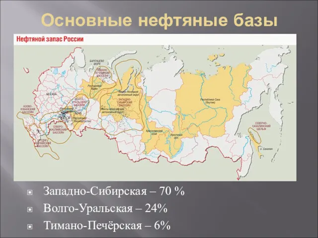 Основные нефтяные базы Западно-Сибирская – 70 % Волго-Уральская – 24% Тимано-Печёрская – 6%