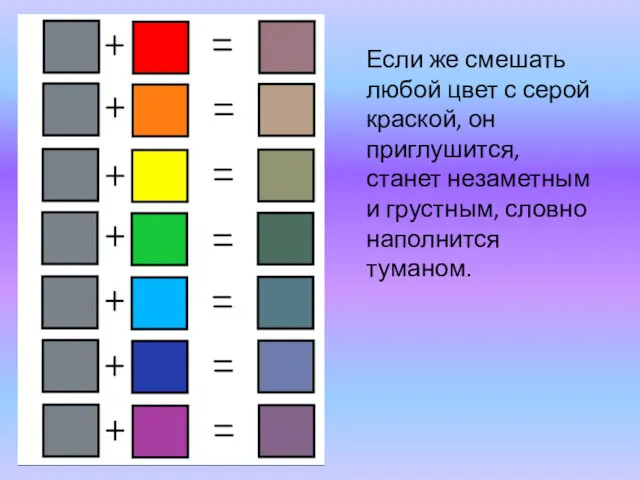 Если же смешать любой цвет с серой краской, он приглушится,