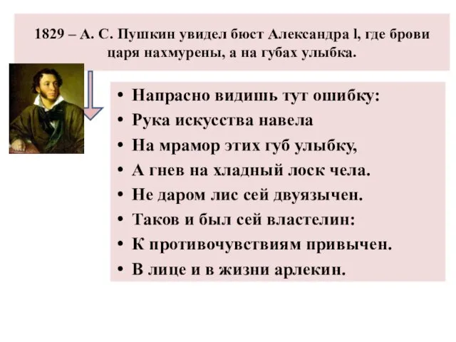 1829 – А. С. Пушкин увидел бюст Александра l, где
