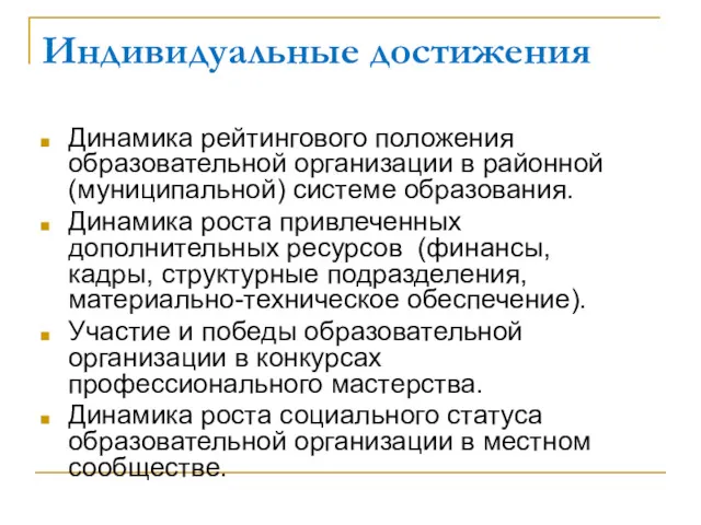 Индивидуальные достижения Динамика рейтингового положения образовательной организации в районной (муниципальной)