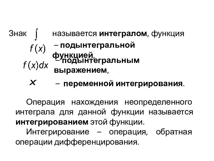 Знак называется интегралом, функция – подынтегральной функцией, – подынтегральным выражением,