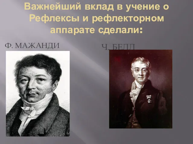 Важнейший вклад в учение о Рефлексы и рефлекторном аппарате сделали: Ф. МАЖАНДИ Ч. БЕЛЛ