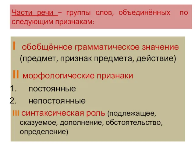 Части речи – группы слов, объединённых по следующим признакам: I