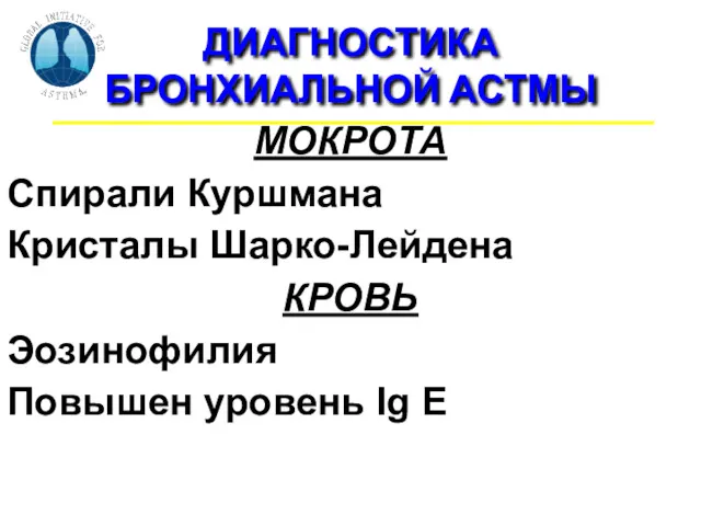 МОКРОТА Спирали Куршмана Кристалы Шарко-Лейдена КРОВЬ Эозинофилия Повышен уровень Ig E ДИАГНОСТИКА БРОНХИАЛЬНОЙ АСТМЫ