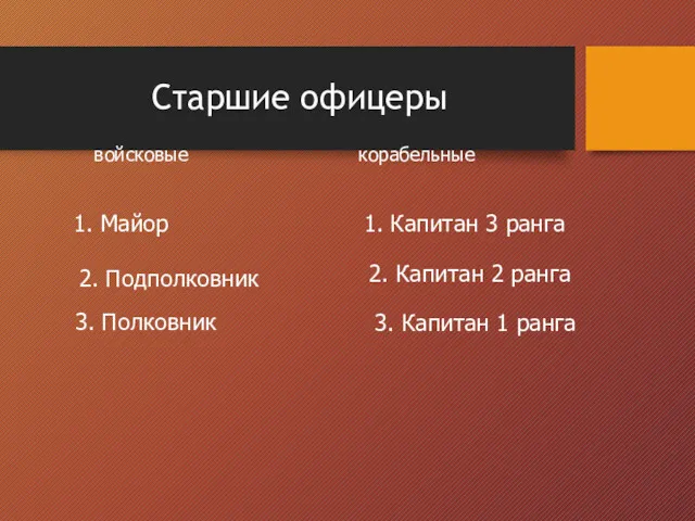 Старшие офицеры войсковые 1. Майор 2. Подполковник корабельные 1. Капитан