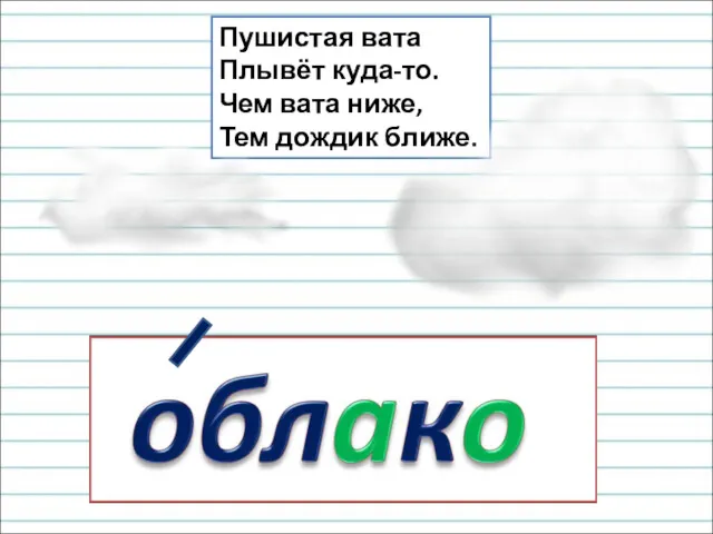 Пушистая вата Плывёт куда-то. Чем вата ниже, Тем дождик ближе.