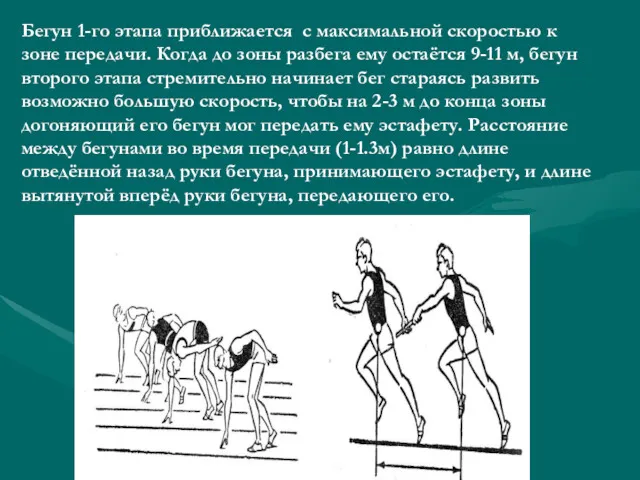 Бегун 1-го этапа приближается с максимальной скоростью к зоне передачи.