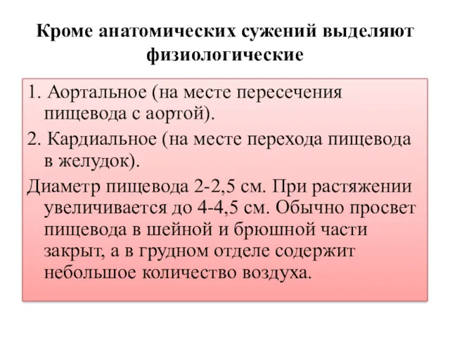 Кроме анатомических сужений выделяют физиологические 1. Аортальное (на месте пересечения