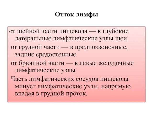 Отток лимфы от шейной части пищевода — в глубо­кие латеральные лимфатические узлы шеи