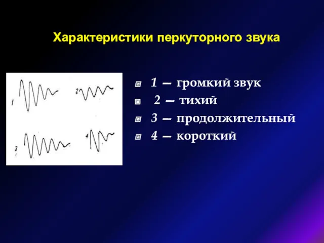 Характеристики перкуторного звука 1 — громкий звук 2 — тихий 3 — продолжительный 4 — короткий