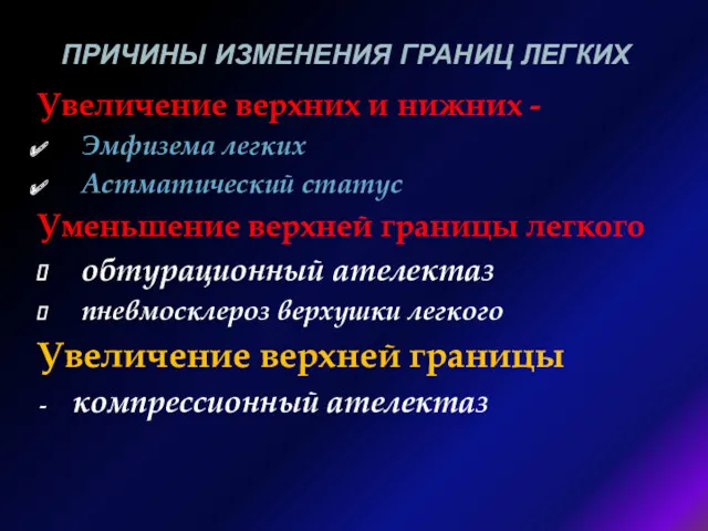 ПРИЧИНЫ ИЗМЕНЕНИЯ ГРАНИЦ ЛЕГКИХ Увеличение верхних и нижних - Эмфизема