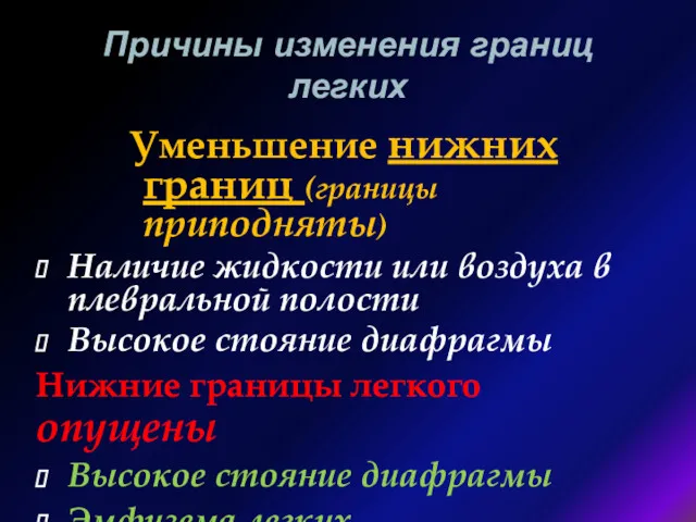 Причины изменения границ легких Уменьшение нижних границ (границы приподняты) Наличие