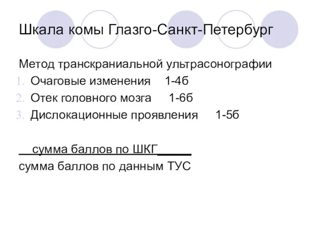 Шкала комы Глазго-Санкт-Петербург Метод транскраниальной ультрасонографии Очаговые изменения 1-4б Отек