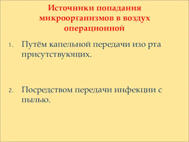 Источники попадания микроорганизмов в воздух операционной Путём капельной передачи изо