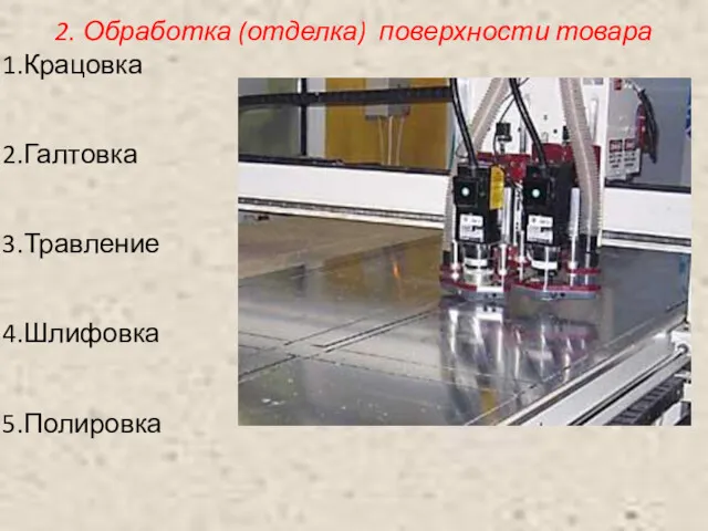 2. Обработка (отделка) поверхности товара Крацовка Галтовка Травление Шлифовка Полировка