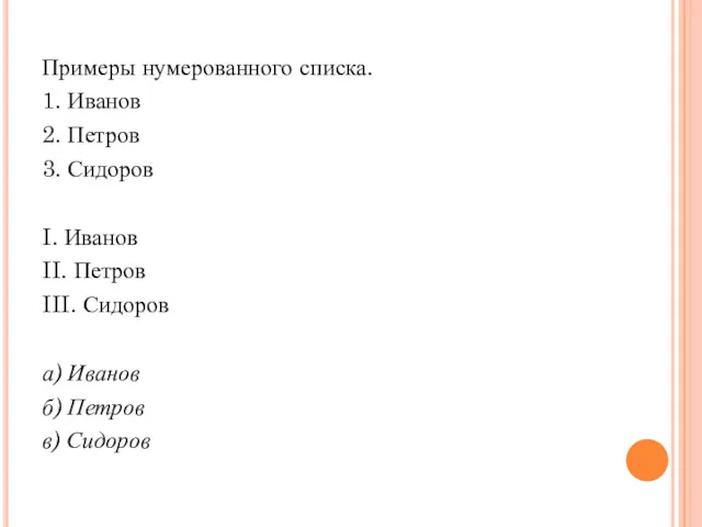 Примеры нумерованного списка. 1. Иванов 2. Петров 3. Сидоров I.