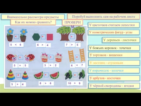 Внимательно рассмотри предметы Как их можно сравнить? У деревьев -