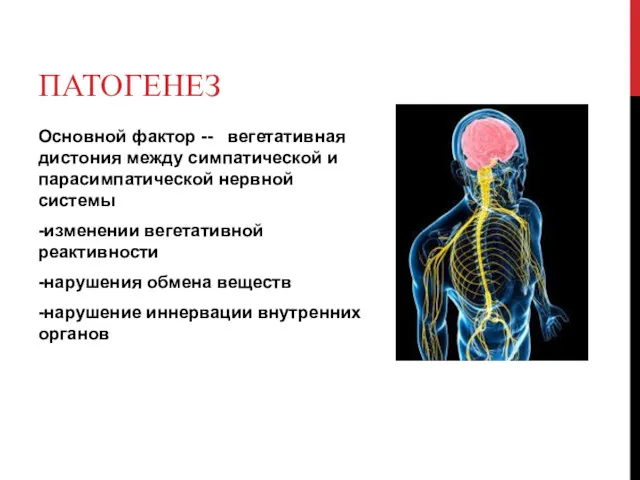 ПАТОГЕНЕЗ Основной фактор -- вегетативная дистония между симпатической и парасимпатической