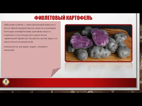 ФИОЛЕТОВЫЙ КАРТОФЕЛЬ Небольшие клубни с темно-фиолетовой мякотью и почти чёрной