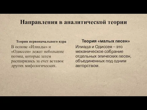 Направления в аналитической теории Теория первоначального ядра В основе «Илиады»