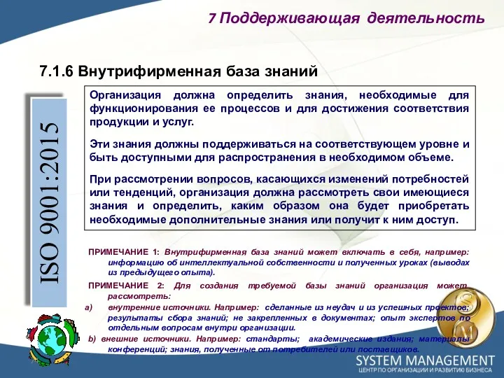 7.1.6 Внутрифирменная база знаний ISO 9001:2015 Организация должна определить знания,