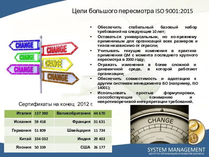 Цели большого пересмотра ISO 9001:2015 Обеспечить стабильный базовый набор требований