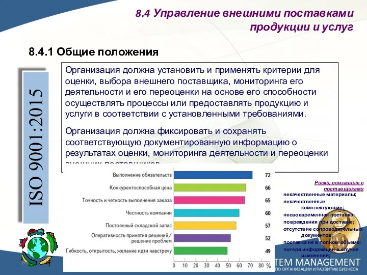 8.4.1 Общие положения ISO 9001:2015 Организация должна установить и применять