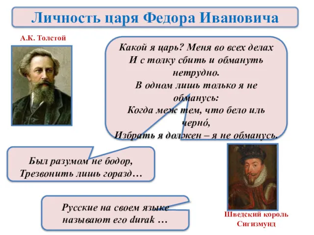 Личность царя Федора Ивановича Был разумом не бодор, Трезвонить лишь горазд…