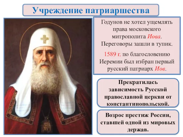 Годунов не хотел ущемлять права московского митрополита Иова. Переговоры зашли