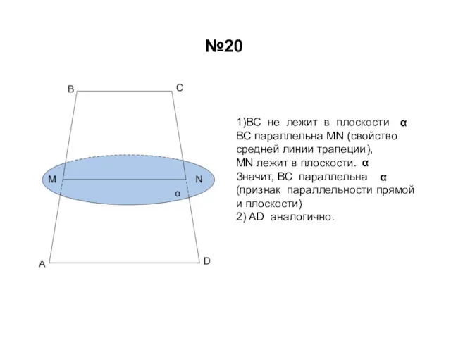 №20 1)ВС не лежит в плоскости ВС параллельна МN (свойство