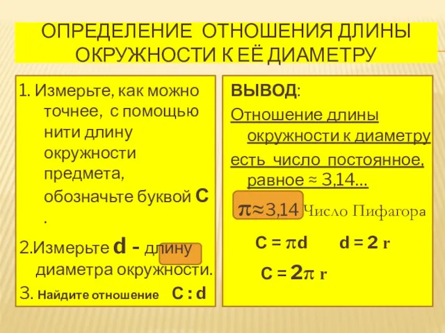 ОПРЕДЕЛЕНИЕ ОТНОШЕНИЯ ДЛИНЫ ОКРУЖНОСТИ К ЕЁ ДИАМЕТРУ 1. Измерьте, как