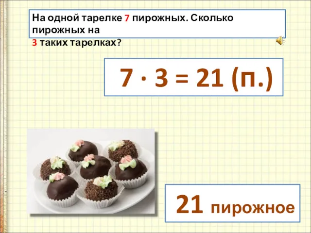 На одной тарелке 7 пирожных. Сколько пирожных на 3 таких