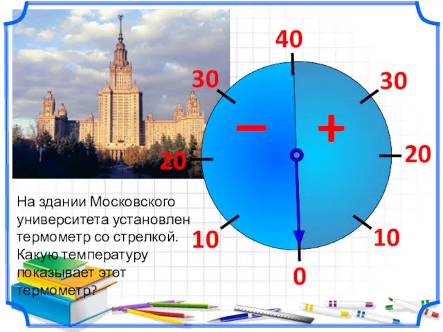 На здании Московского университета установлен термометр со стрелкой. Какую температуру показывает этот термометр?