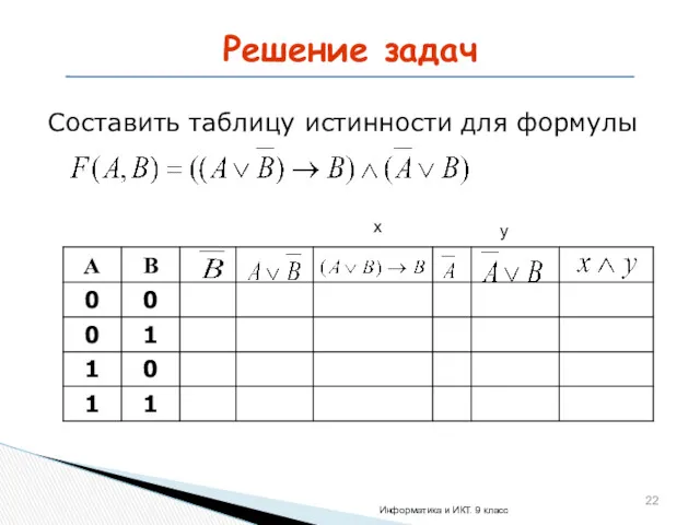 Решение задач x y Составить таблицу истинности для формулы Информатика и ИКТ. 9 класс