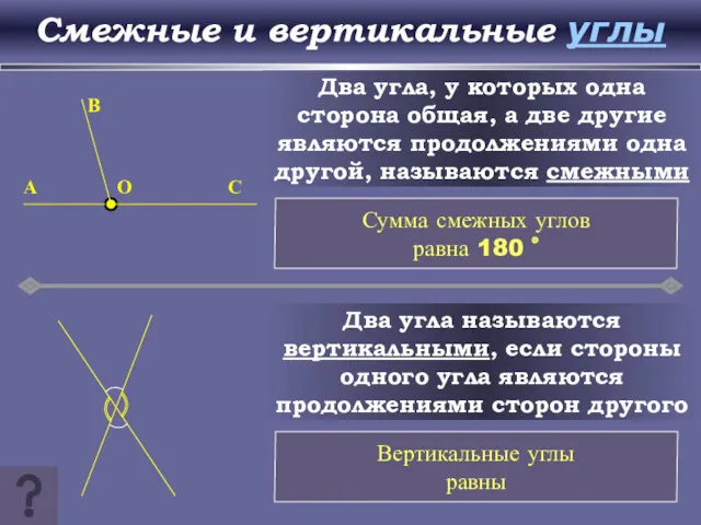 Смежные и вертикальные углы Два угла, у которых одна сторона