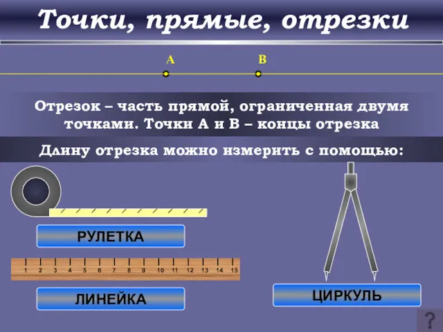 Точки, прямые, отрезки Отрезок – часть прямой, ограниченная двумя точками.