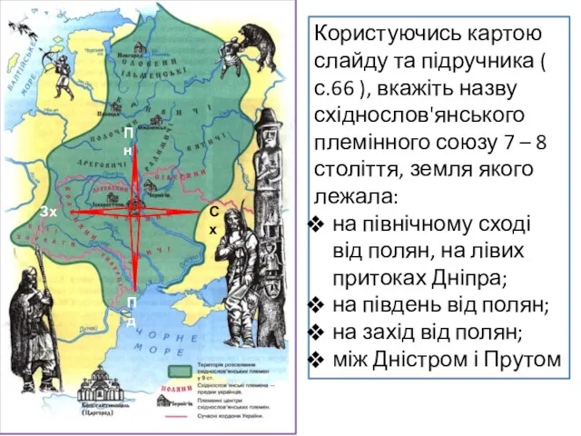 Користуючись картою слайду та підручника ( с.66 ), вкажіть назву східнослов'янського племінного союзу