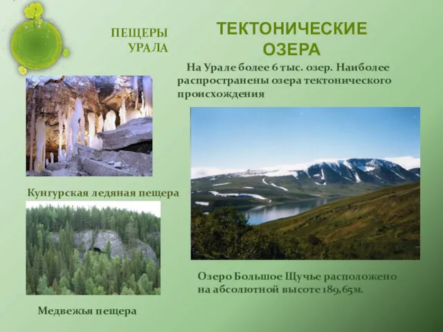 ПЕЩЕРЫ УРАЛА На Урале более 6 тыс. озер. Наиболее распространены