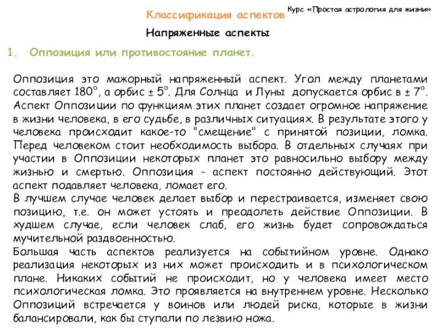 Курс «Простая астрология для жизни» Классификация аспектов Напряженные аспекты Оппозиция