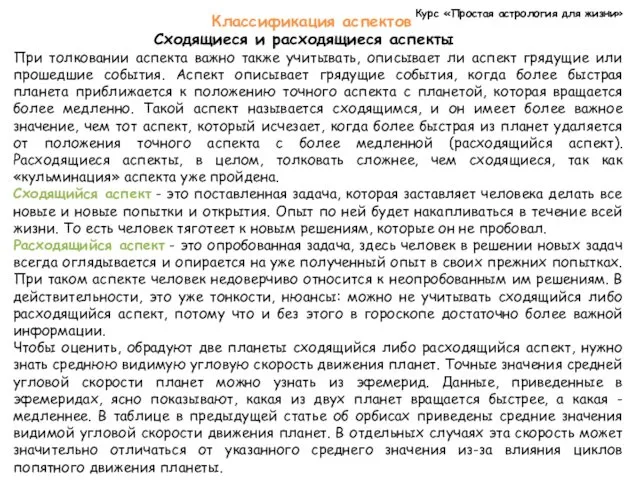 Курс «Простая астрология для жизни» Классификация аспектов Сходящиеся и расходящиеся