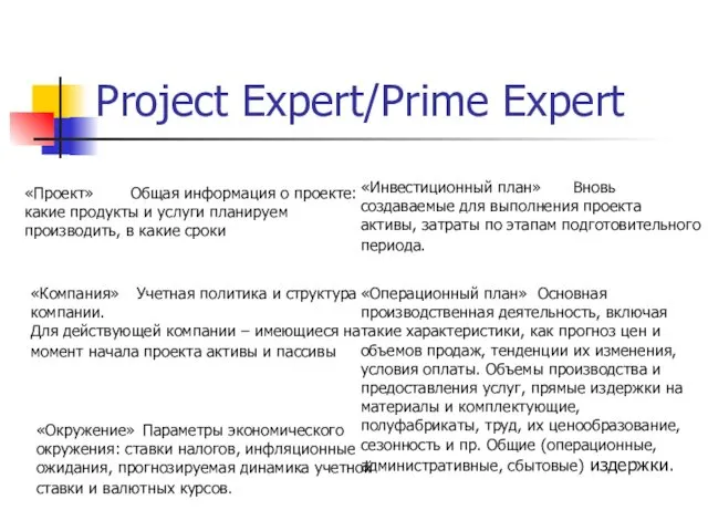 Project Expert/Prime Expert «Проект» Общая информация о проекте: какие продукты