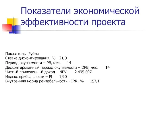 Показатели экономической эффективности проекта Показатель Рубли Ставка дисконтирования, % 21,0