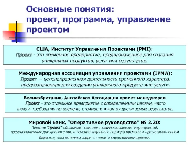 Основные понятия: проект, программа, управление проектом США, Институт Управления Проектами