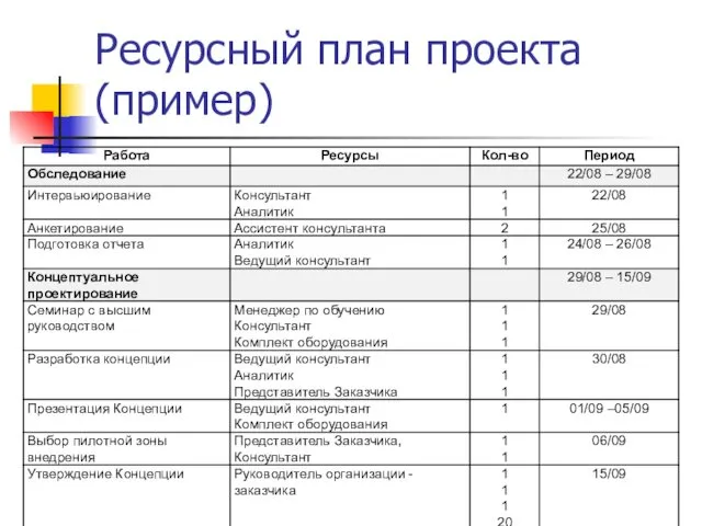 Ресурсный план проекта (пример)